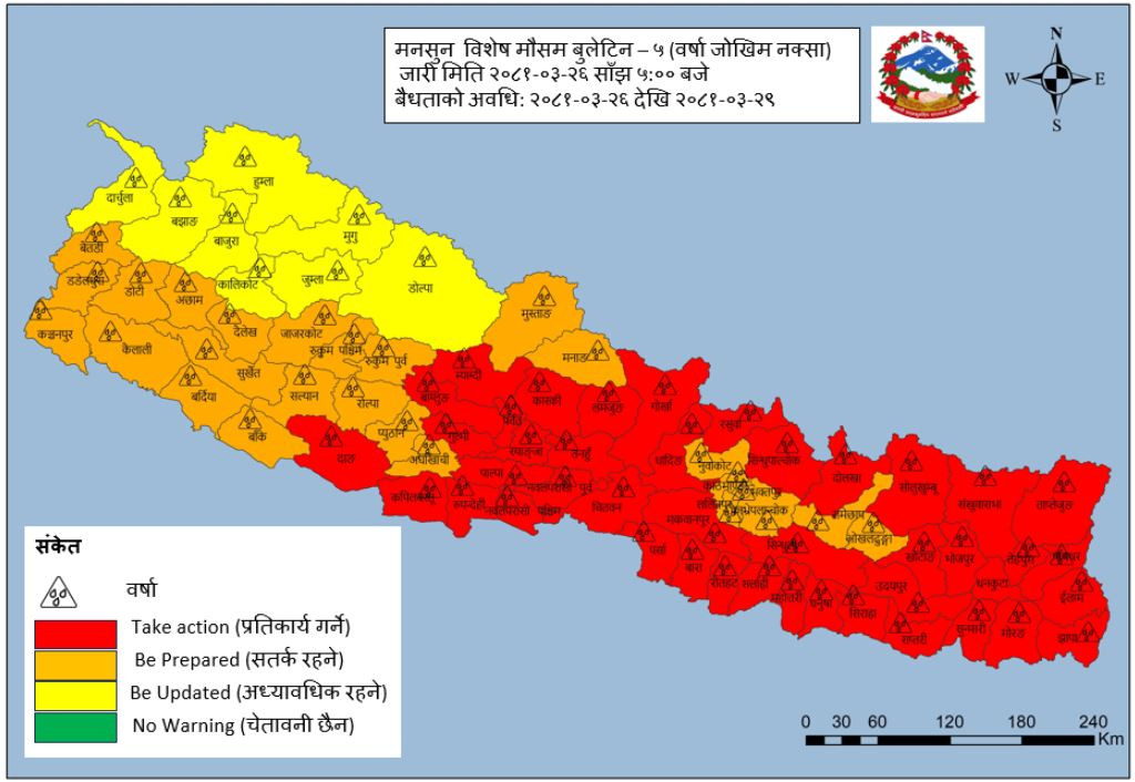 नेपालतिर सर्यो मनसुनको रेखा : ४३ जिल्ला रेड जोनमा, सतर्कताका लागि आग्रह